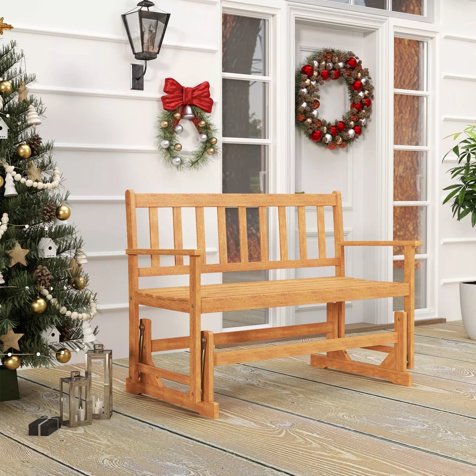 2-person-outdoor-acacia-wood-glider-bench-patio-swing-rocking-loveseat 2-Person Outdoor Acacia Wood Glider Bench Patio Swing Rocking Loveseat