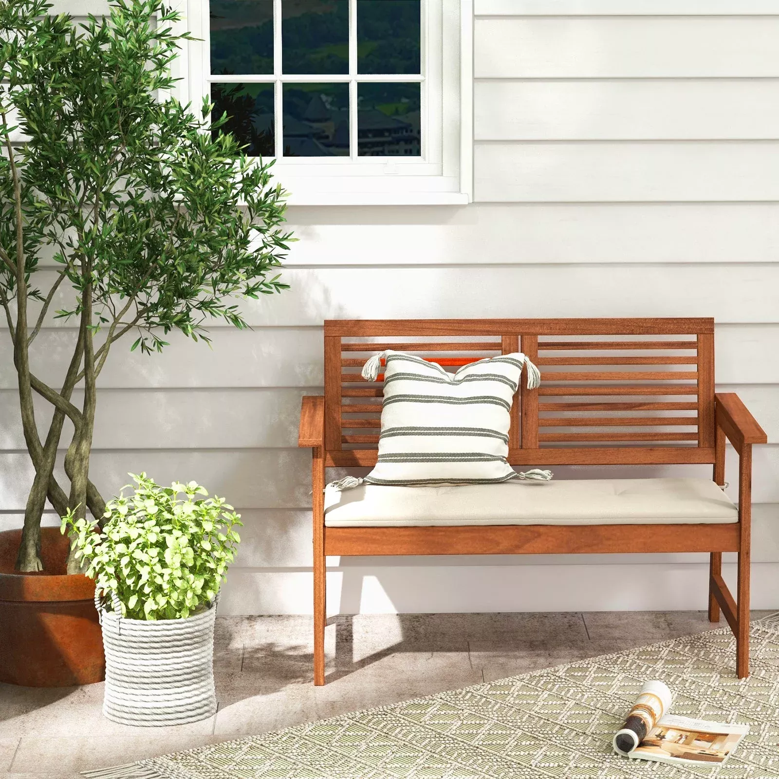 2-person-solid-wood-patio-bench-with-backrest-cushion 2-Person Solid Wood Patio Bench with Backrest and Cushion