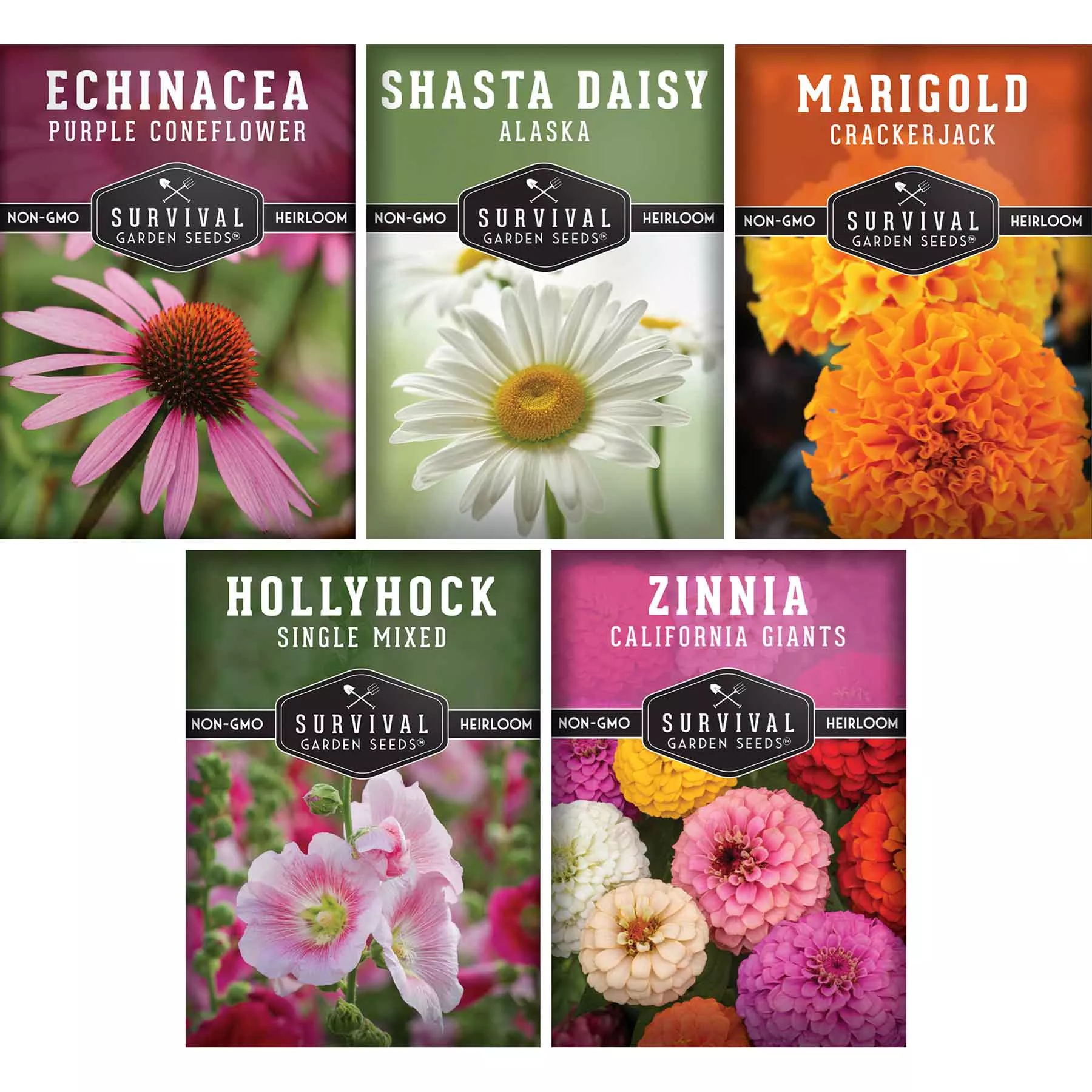 5-flower-seed-collection-hollyhock-shasta-daisy-coneflower-echinacea-marigold-zi 5 Flower Seed Collection - Hollyhock, Shasta Daisy, Coneflower (Echinacea), Marigold, Zinnia