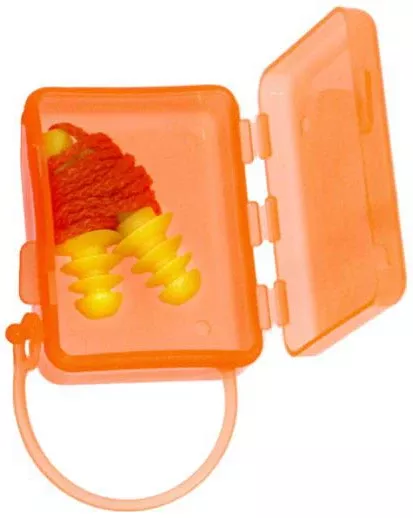 Box of 50 Pair of Easy-Fit ear plugs w/corded nylon neck string in plastic orange case