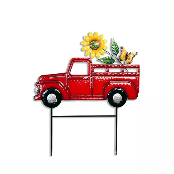 metal-red-truck-with-sunflower-stake Metal Red Truck with Sunflower Stake